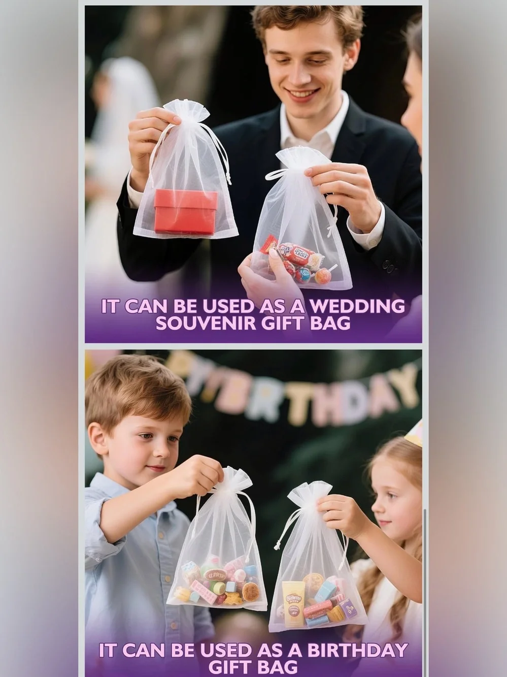 50 White Organza Drawstring Favor Bags